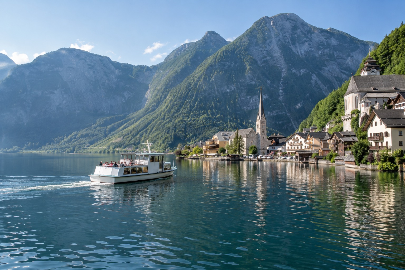 Small passenger ferry crossing the Hallstättersee toward the village, mountains in the background