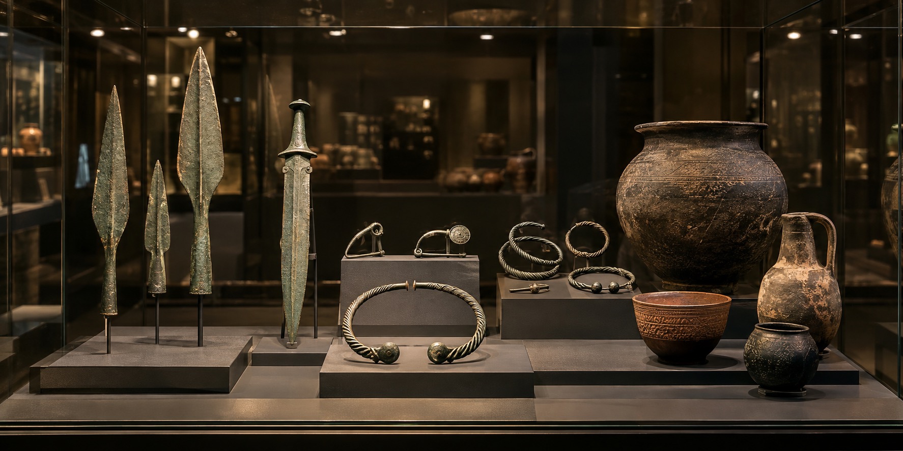 Bronze Age and Iron Age metal artifacts and pottery displayed in a museum case, representing Hallstatt Period grave goods