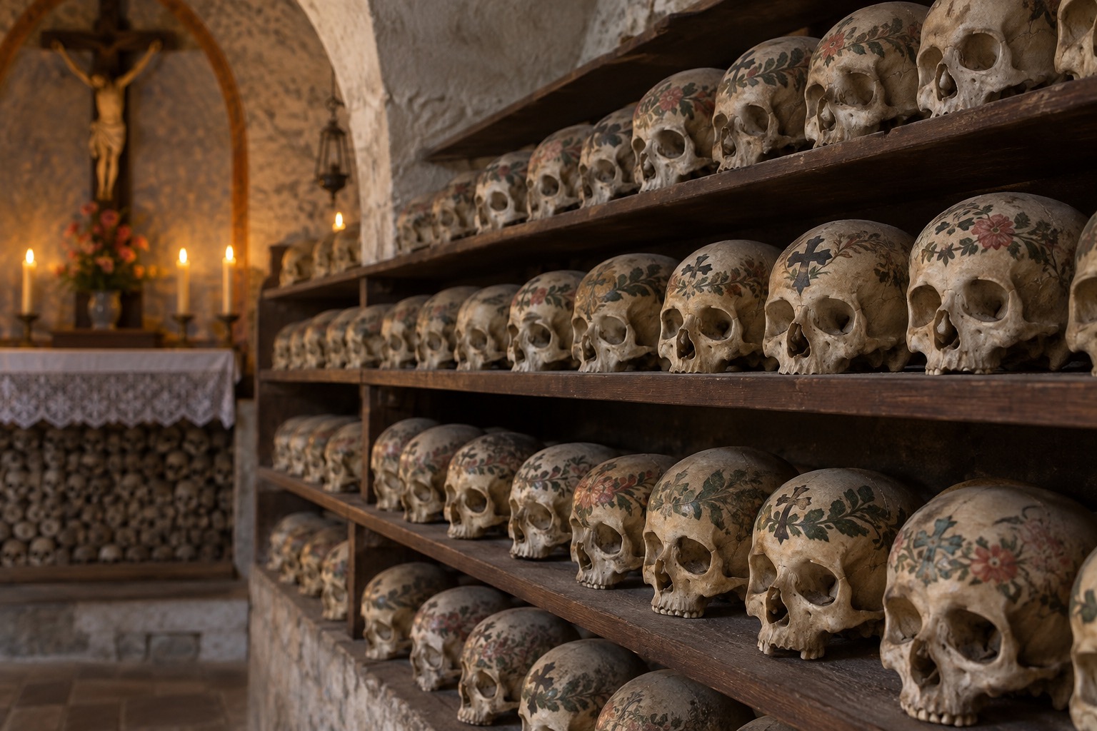 Rows of painted skulls with floral decoration inside the Hallstatt Beinhaus ossuary