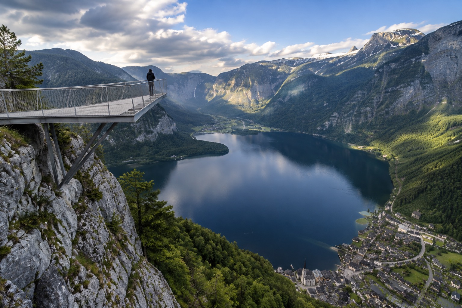 Cantilevered Hallstatt Skywalk viewing platform overlooking the lake and village far below