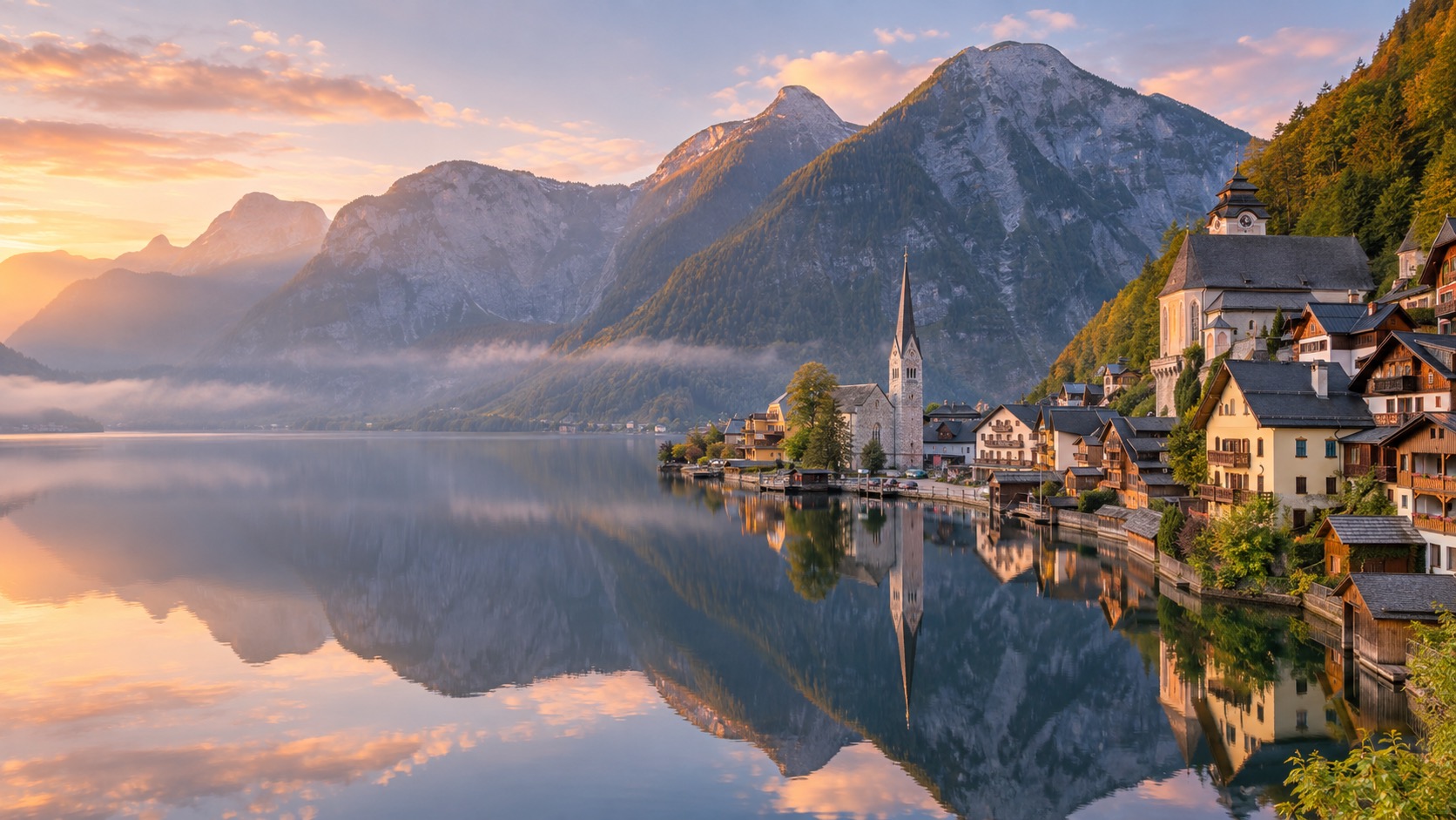 The classic lakeside viewpoint of Hallstatt village with church spire reflected in calm water at sunrise