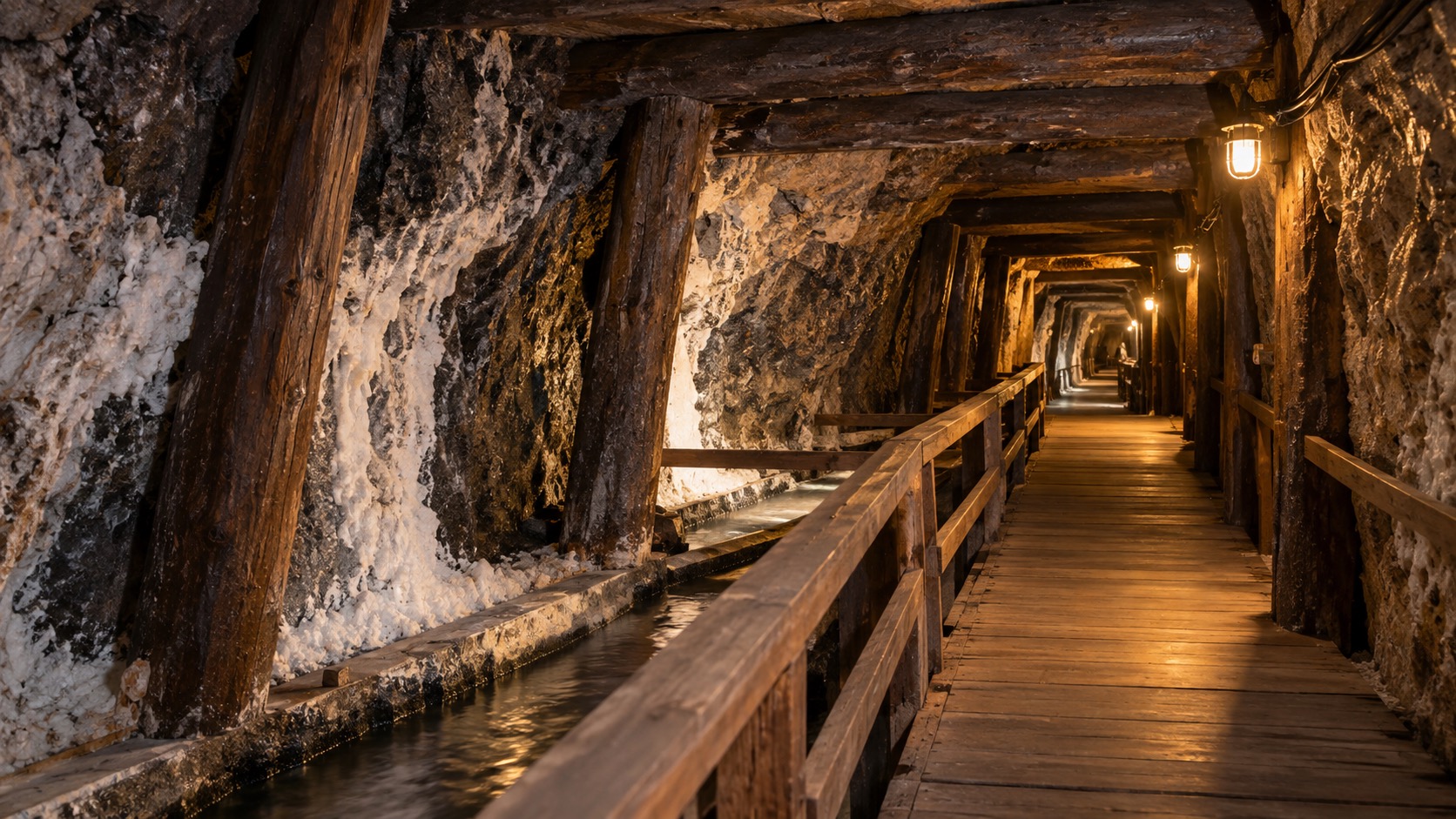 Illuminated tunnel inside the Hallstatt Salzwelten salt mine with wooden walkways