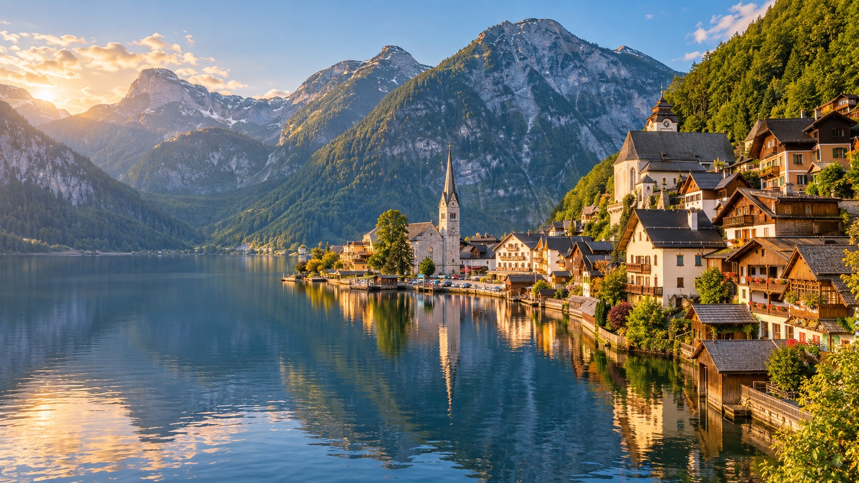 Hallstatt village houses along the Hallstättersee lakefront beneath steep forested mountains